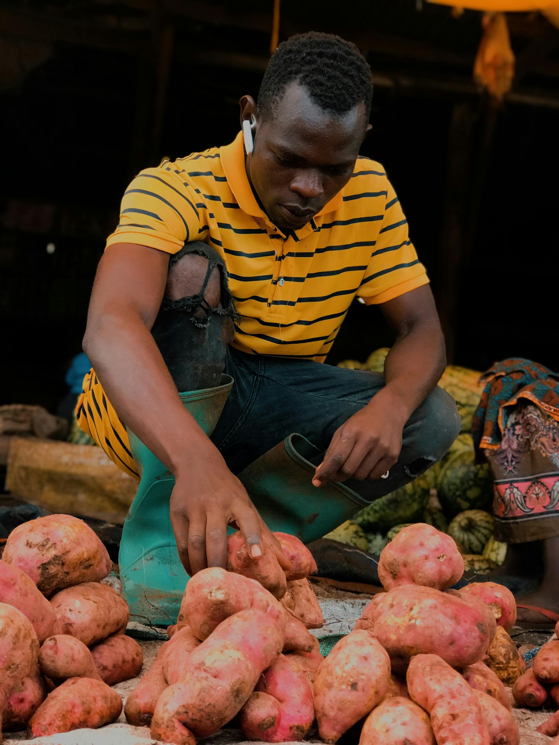 A vendor in a striped shirt arranges sweet potatoes for sale at an outdoor market.